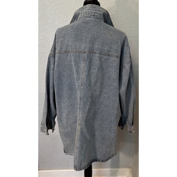 Embroidered Patch Button Up Long Sleeve Denim Jacket Shacket Hip Hop Streetwear - Picture 4 of 11